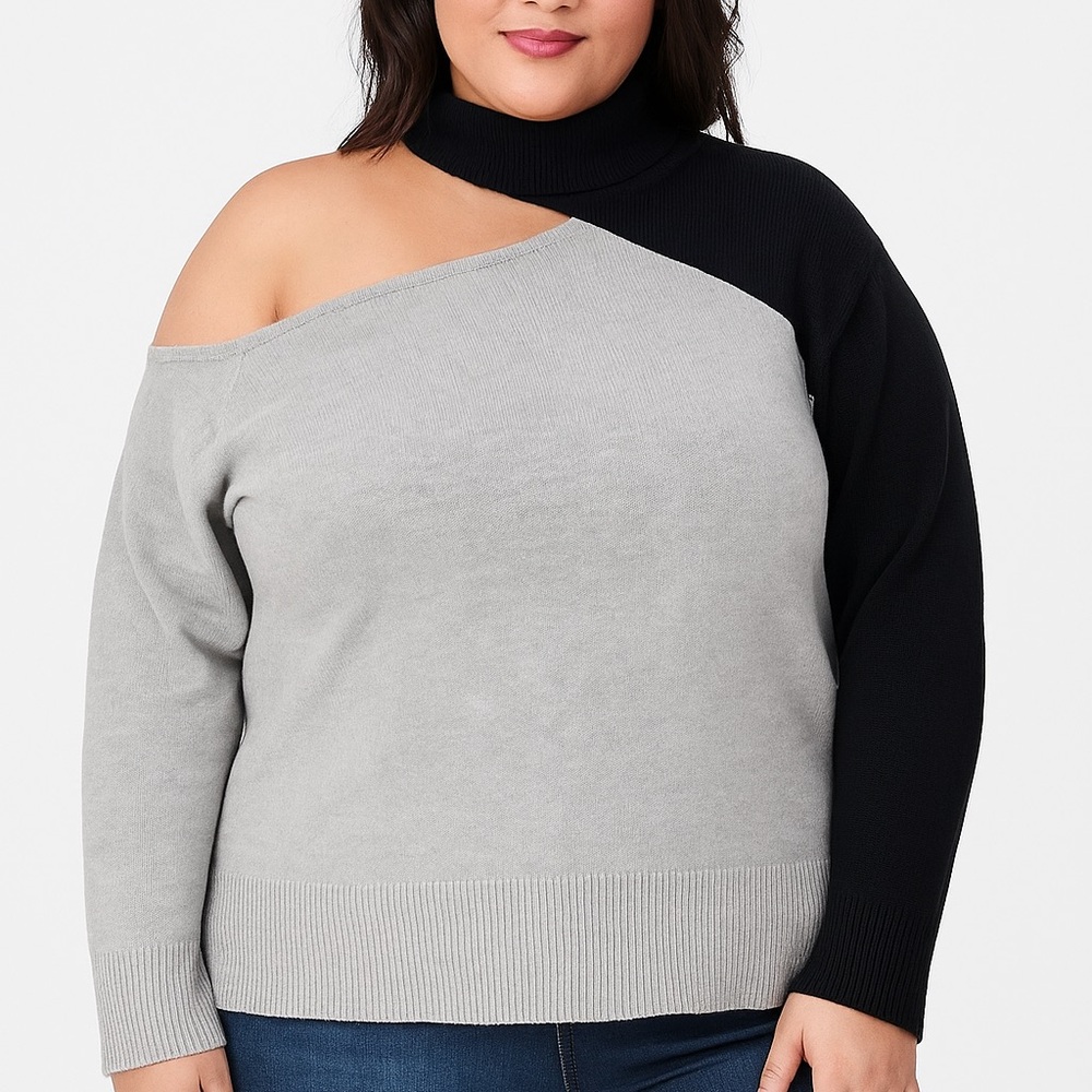 Venus 1X Black & Gray Cold Shoulder Turtleneck Sweater